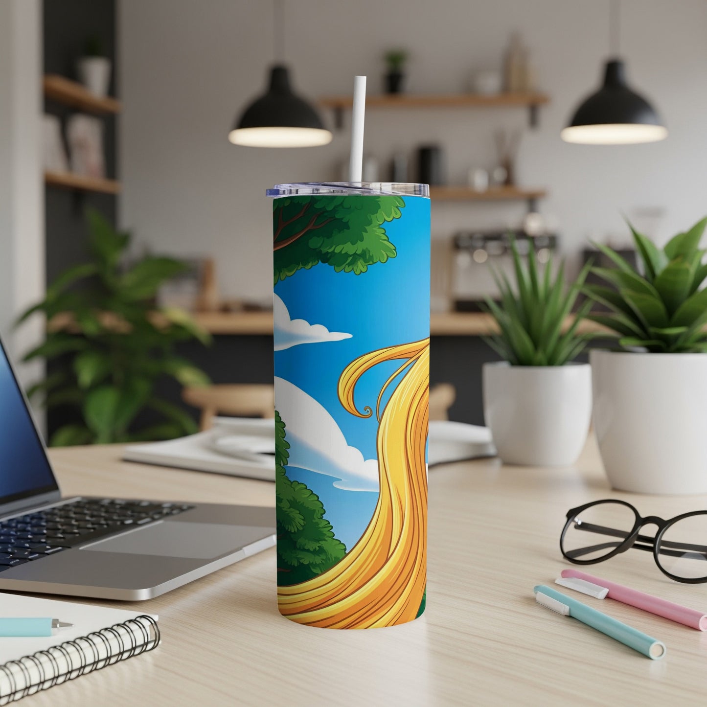 Tall tumbler with cartoon illustration of long blonde hair and trees.