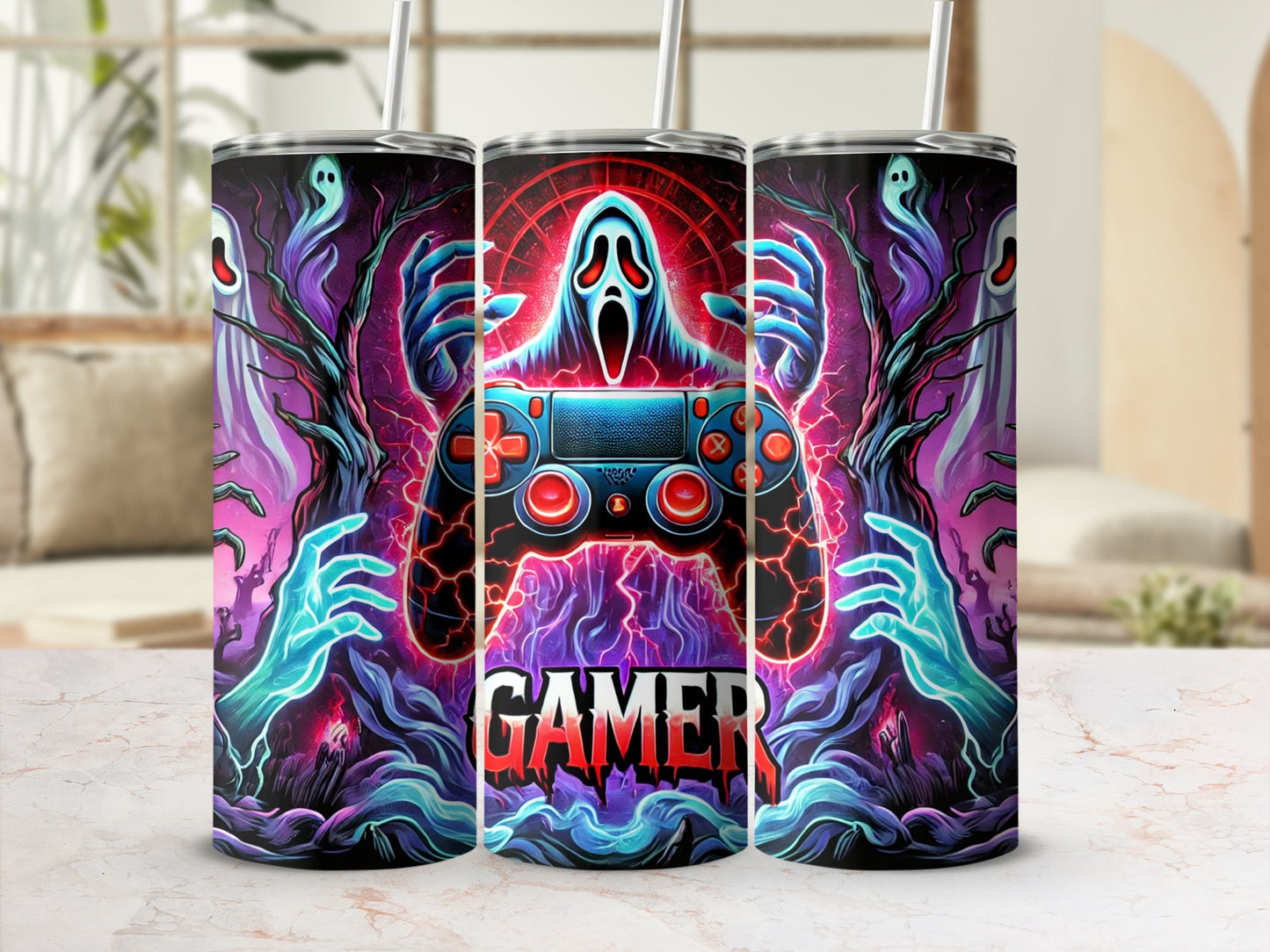 Gamer tumbler with a ghost controller and spooky, glowing trees.