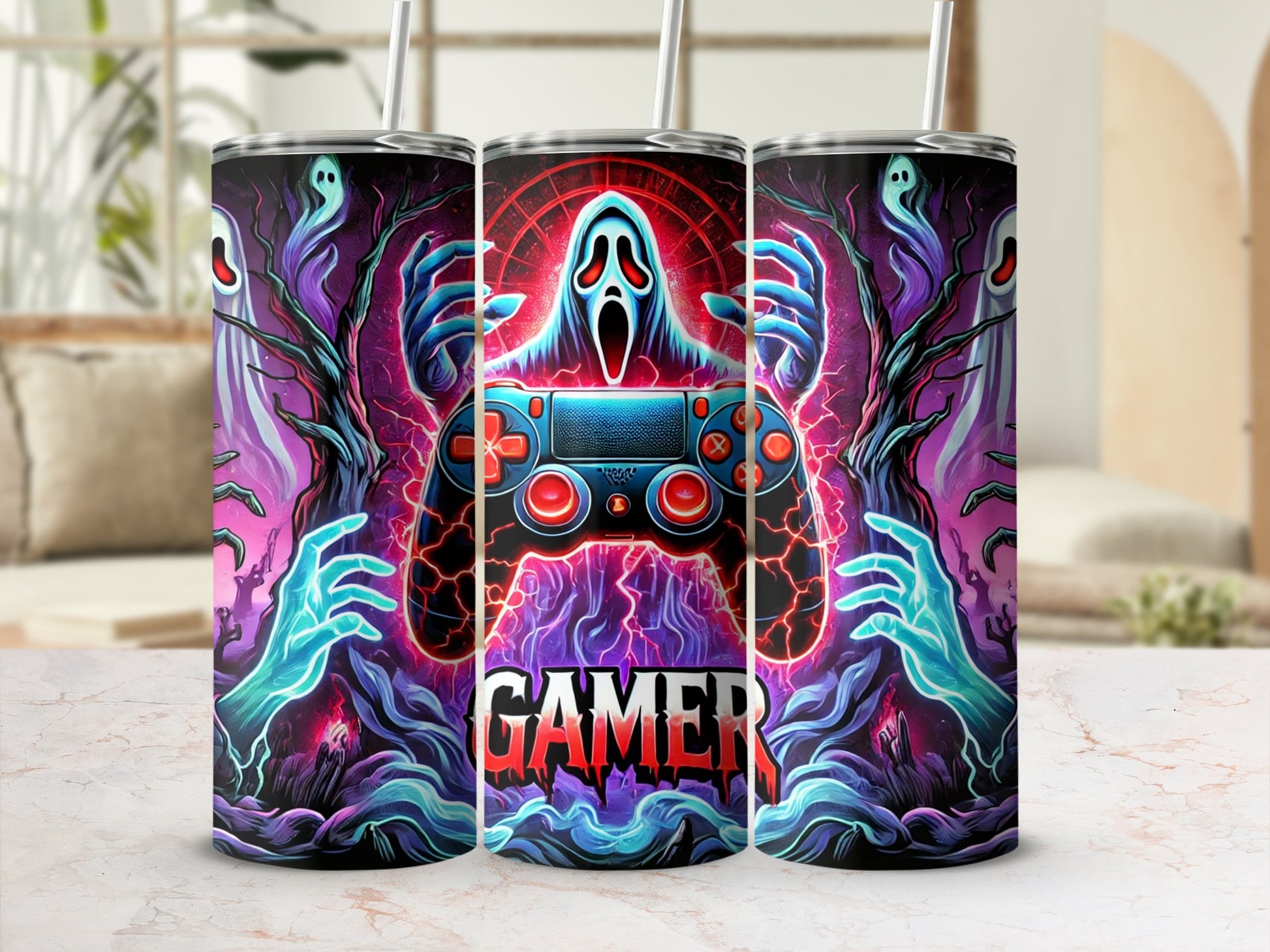 Gamer tumbler with a ghost controller and spooky, glowing trees.