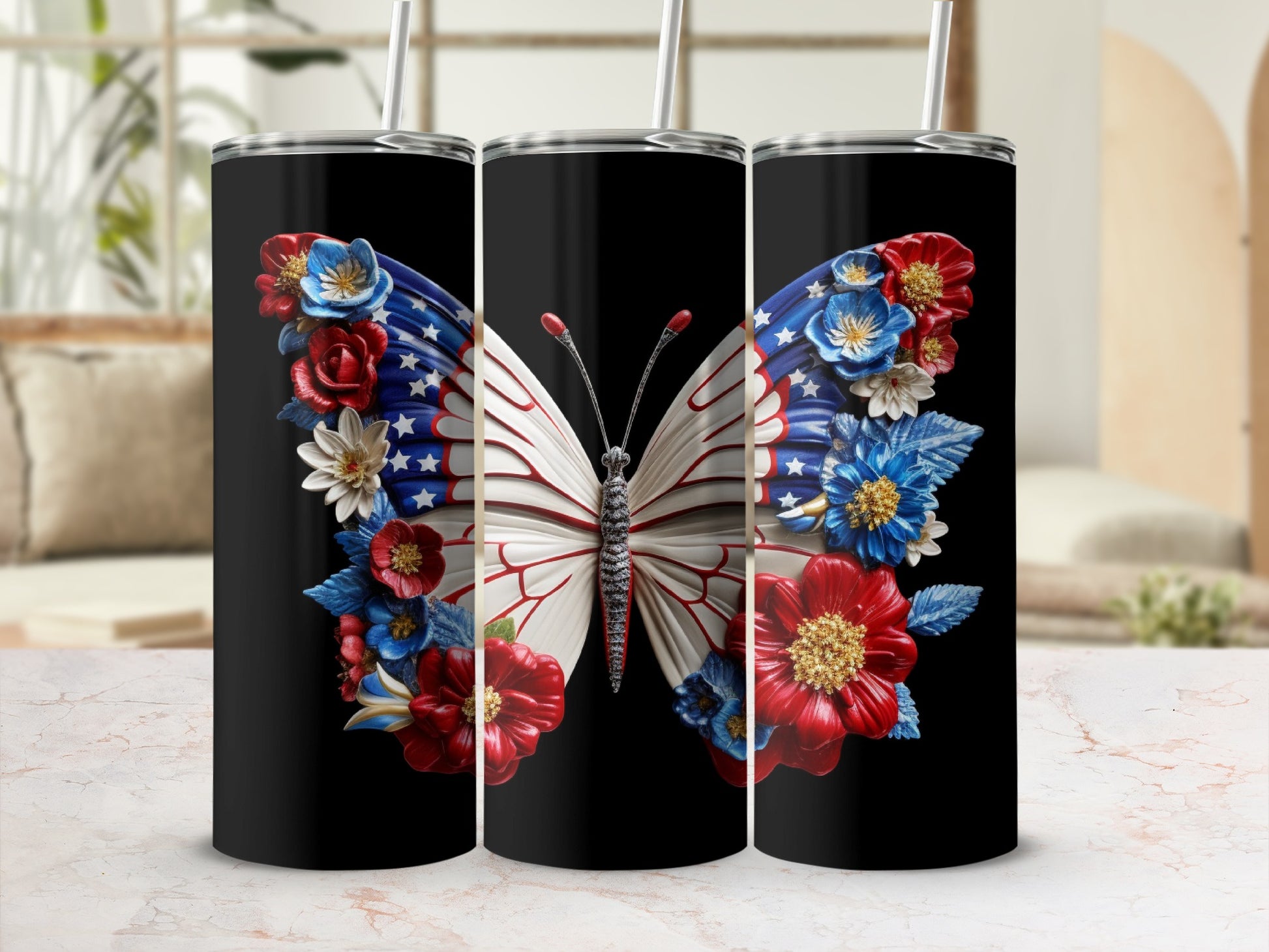 Black tumbler with white butterfly, decorated with red, white, and blue flowers.