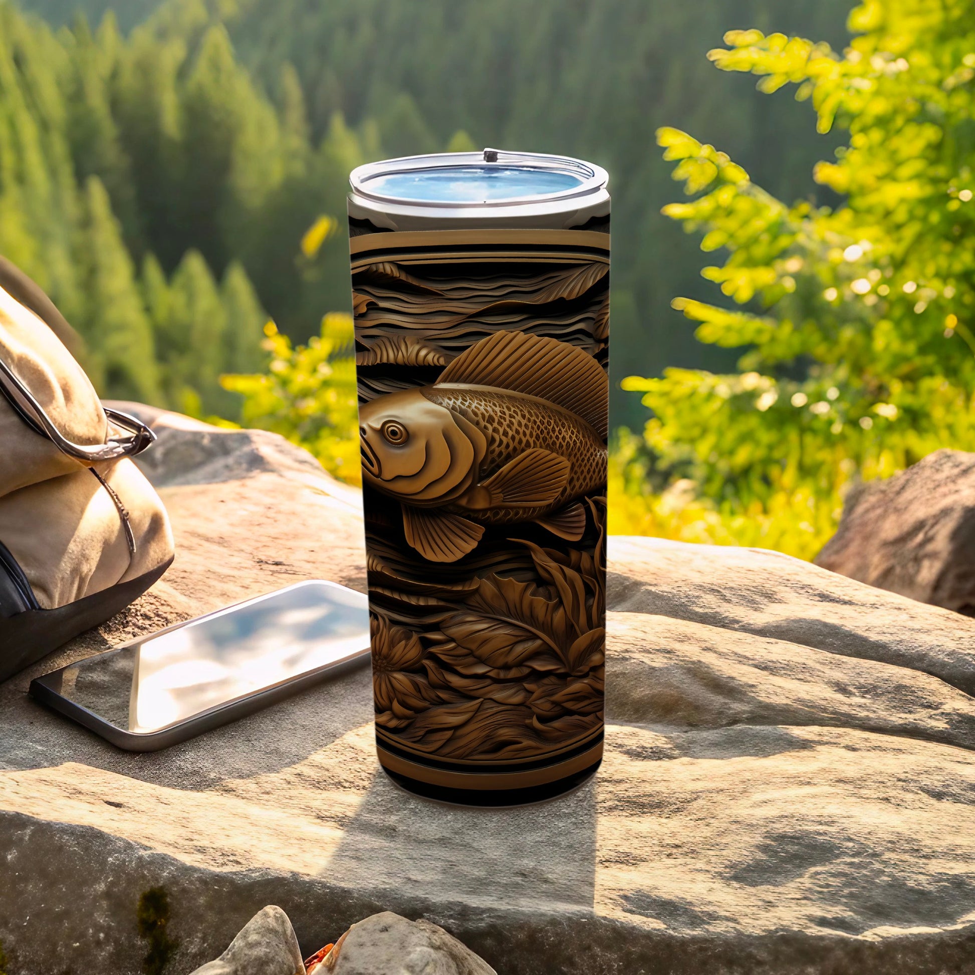 Wooden tumbler with carved fish design, resting on rocks outdoors.