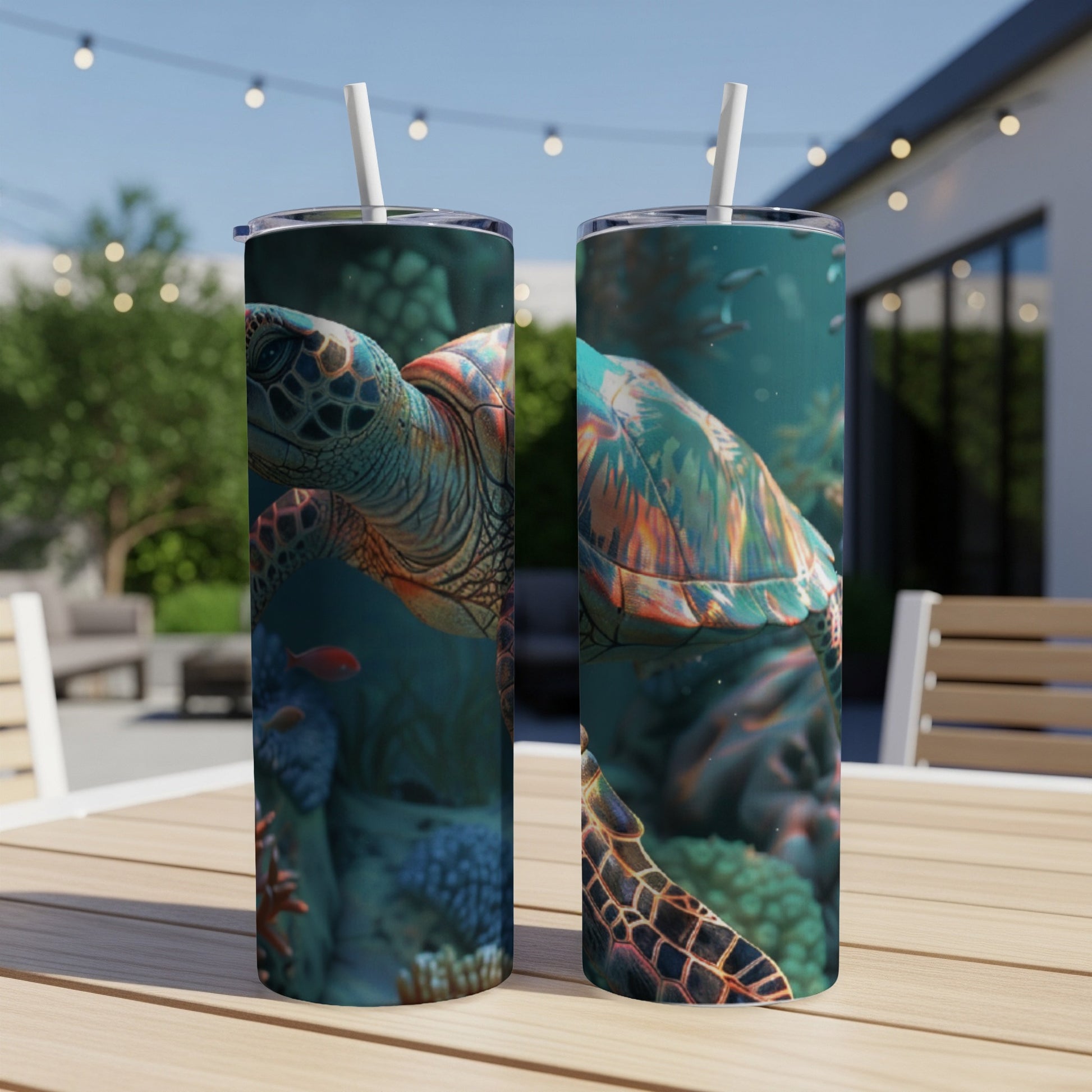 Two tumblers featuring a detailed sea turtle swimming among coral and fish.