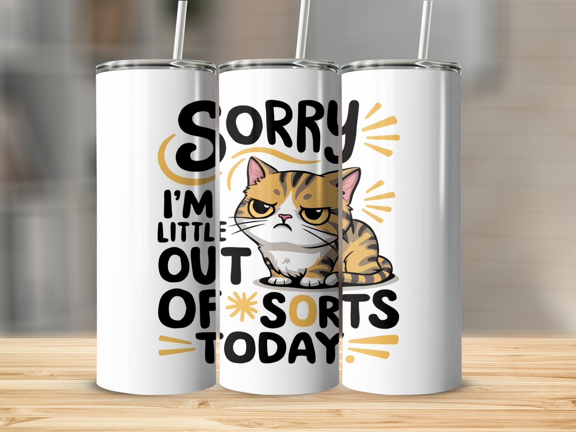 White tumbler with grumpy cat graphic and "Sorry I'm a little out of sorts today" text.