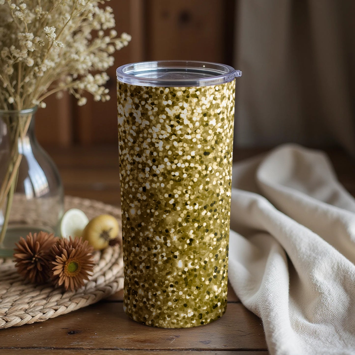 Sparkling Olive Green Confetti Tumbler with Lid
