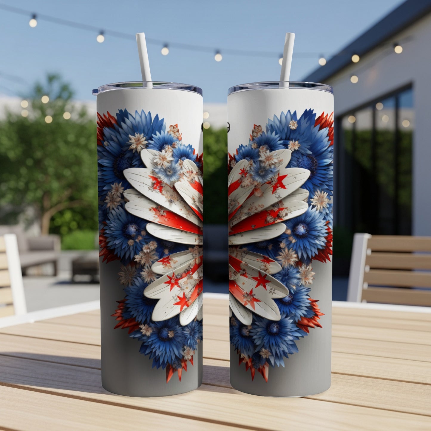 Two tall tumblers with a heart design featuring floral patterns and American flag elements.