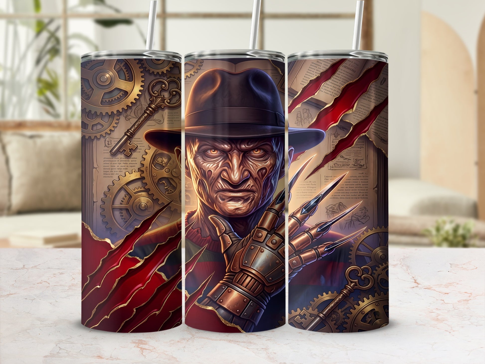 Freddy Krueger's face and clawed hand on a steampunk-themed tumbler.