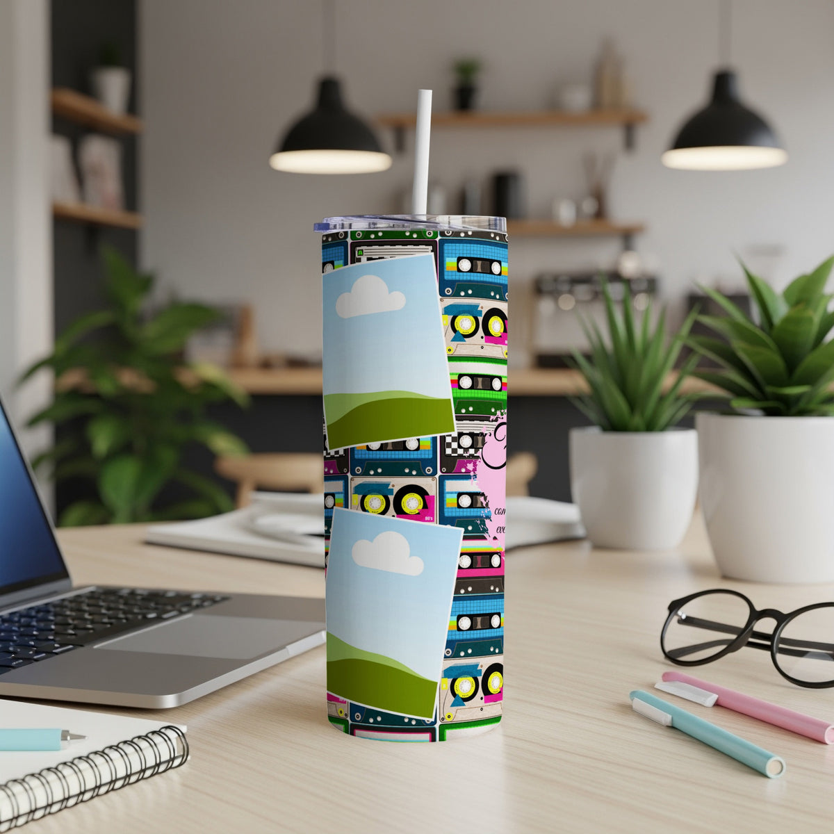 Tumbler with retro cassette tape design and two blank photo frames.