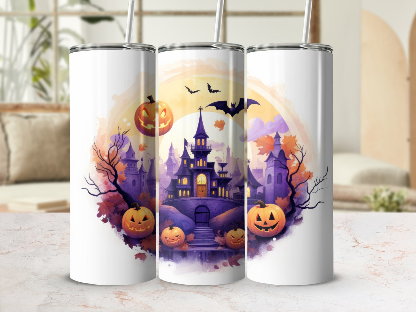 Three tumblers featuring a spooky Halloween castle scene with pumpkins and bats.