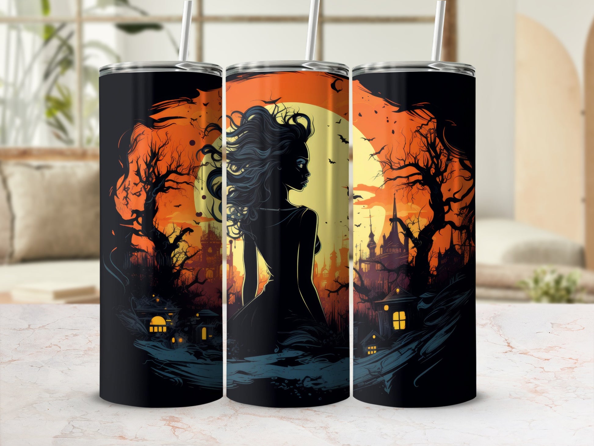 Three tumblers with a spooky Halloween scene featuring a silhouetted woman and haunted buildings.