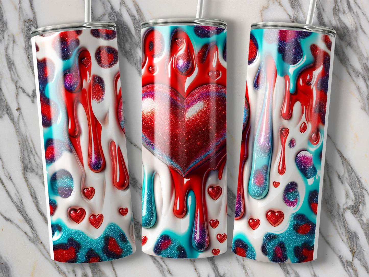 Hearts Drips Turquoise Love Leopard Sparkle Design Tumblers