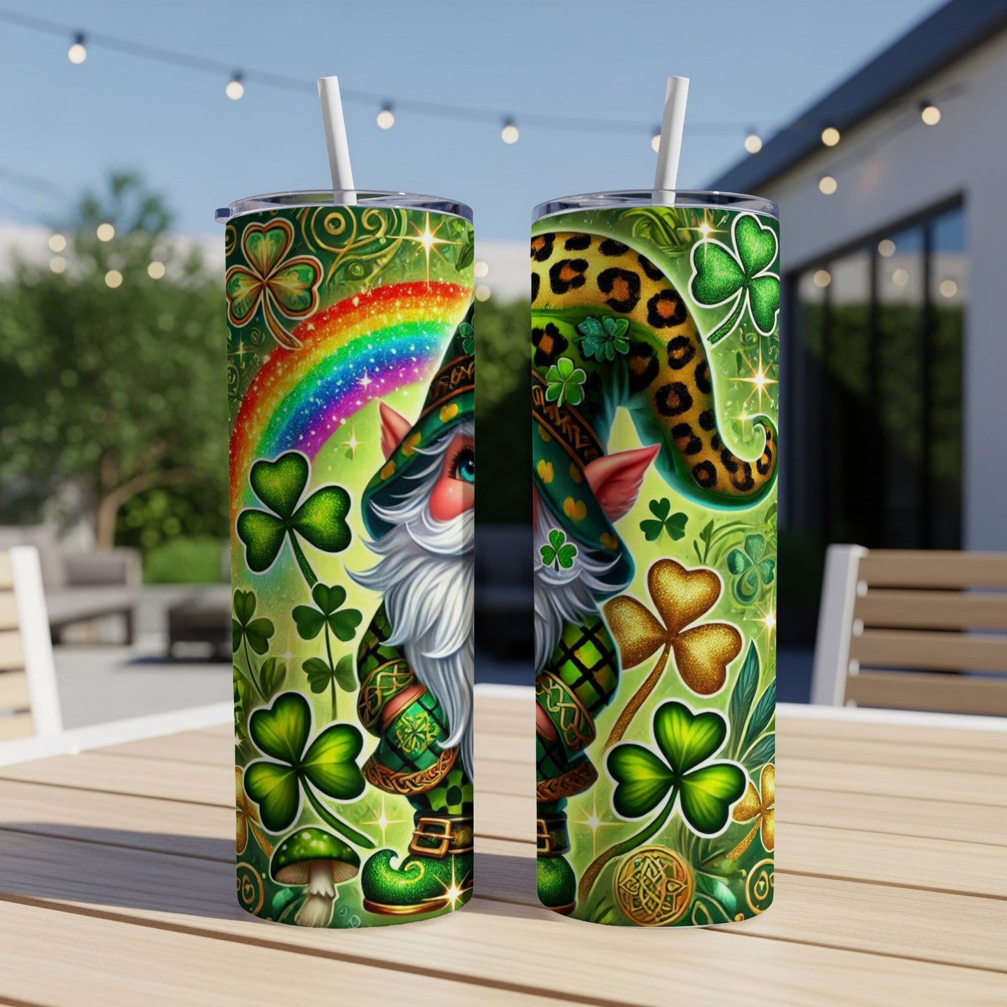Two St. Patrick's Day tumblers with a gnome and shamrocks.