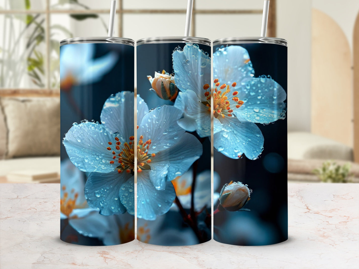 Close-up of light blue flowers with water droplets on a tumbler.