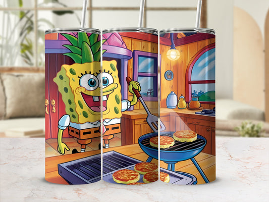 SpongeBob SquarePants grilling burgers on a grill in a kitchen.