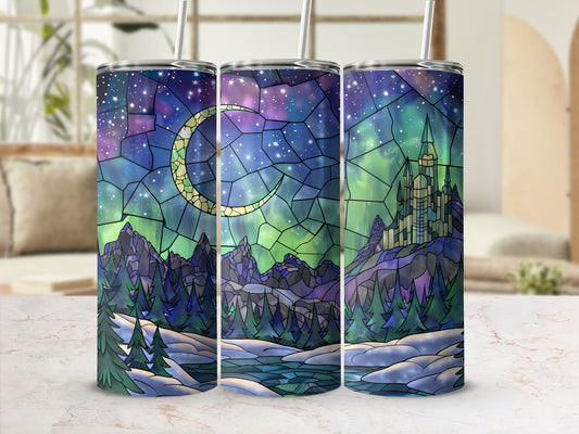 Triptych of tumblers featuring a cosmic aurora borealis over a castle and pine trees.