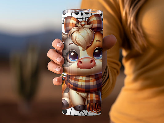 Adorable Cartoon Cow with Plaid Scarf Drink Holder