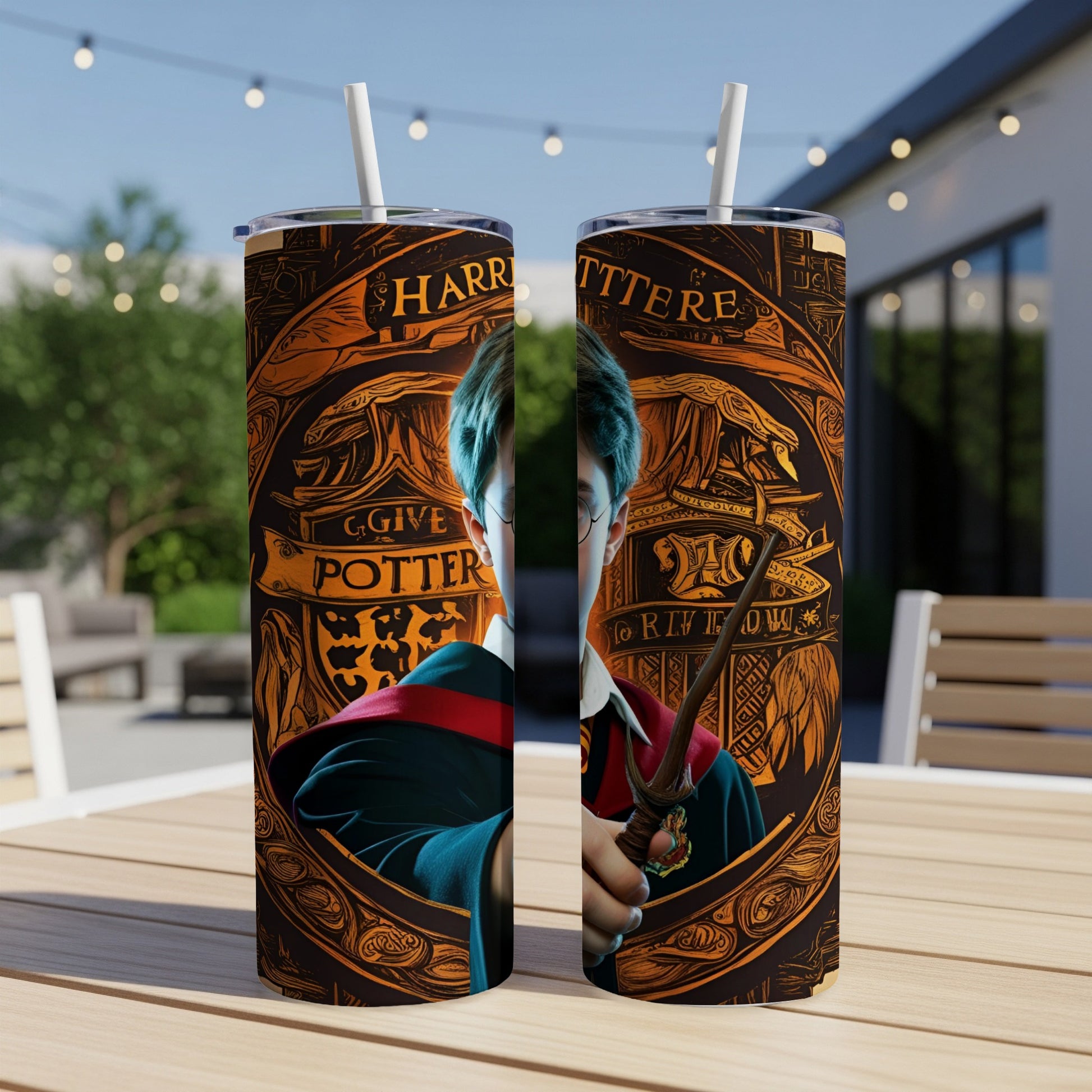 Harry Potter themed tumbler with artwork of Harry holding a wand.