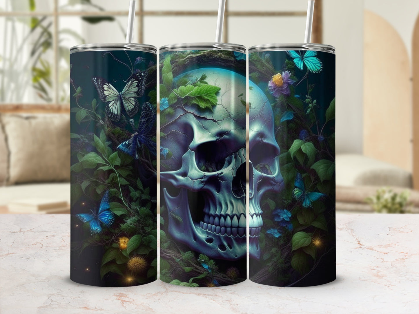 Glow-in-the-dark skull and blue butterflies tumbler.