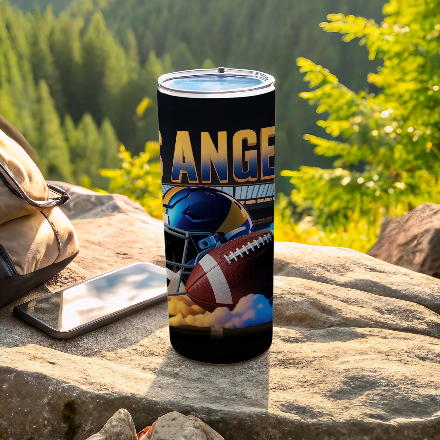 Tumbler with American football, helmet, and stadium text "ANGE" in bold lettering.