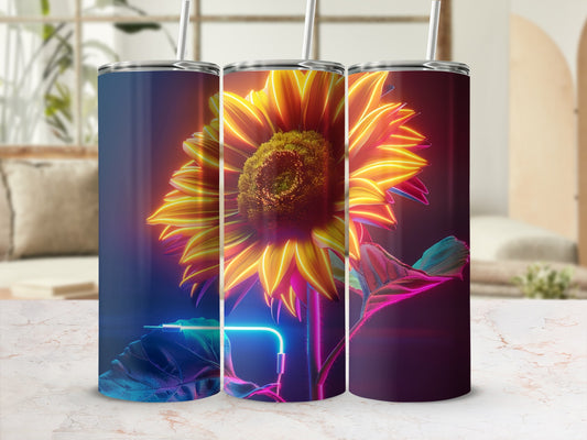 Tall tumbler with glowing sunflower and neon blue accents.