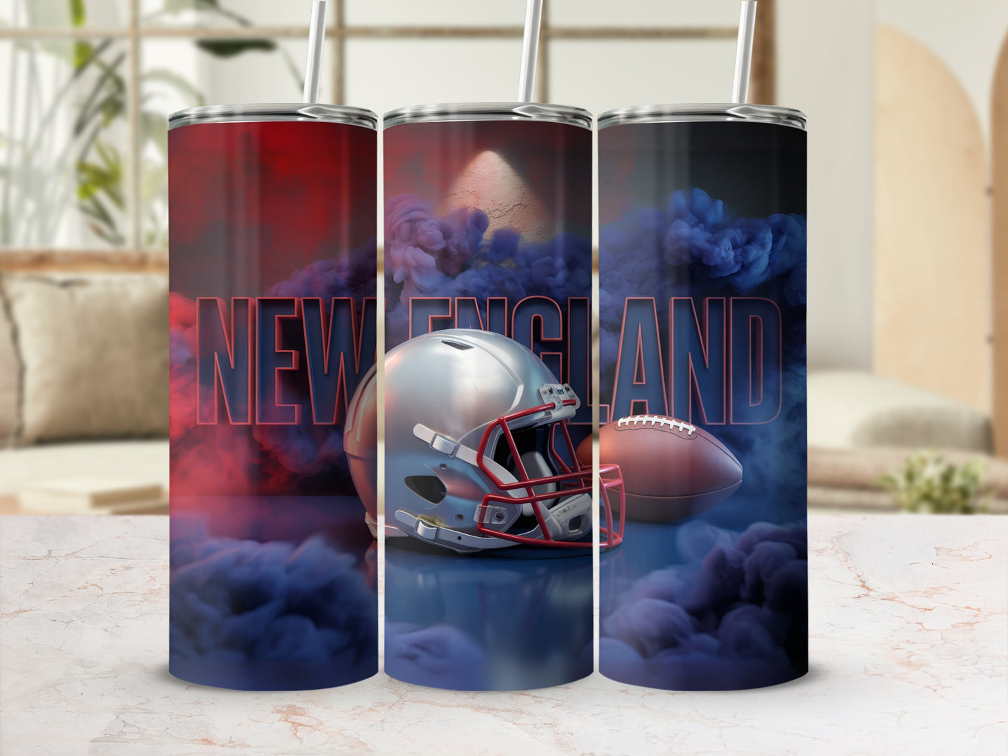 New England Patriots helmet and football on smoky background.