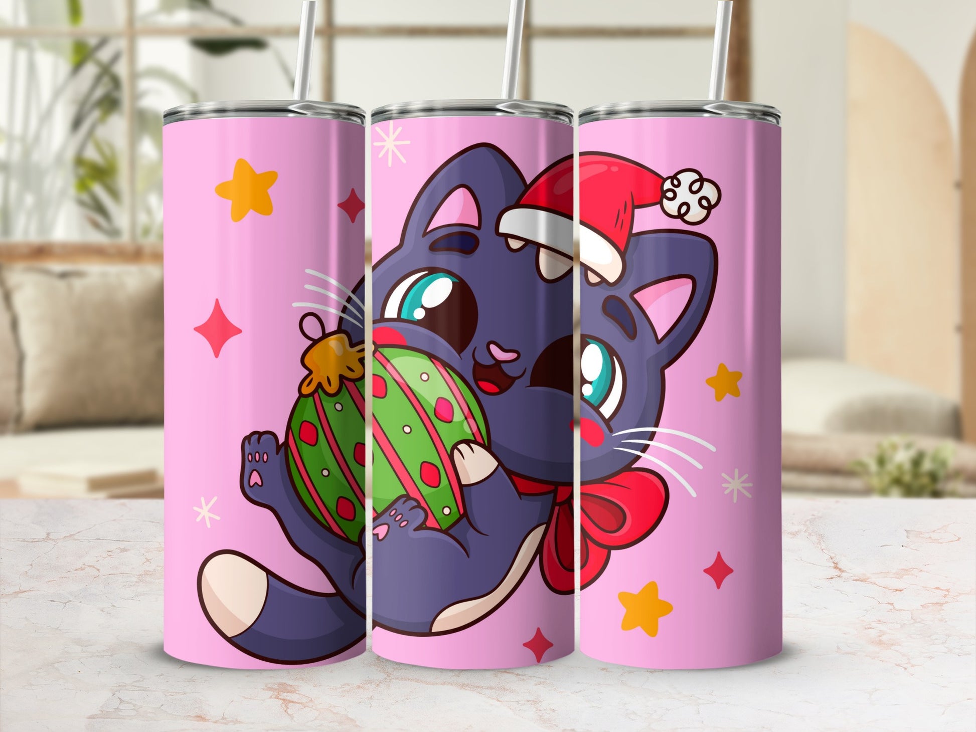 Cute Christmas Cat with Santa Hat and Ornament tumbler