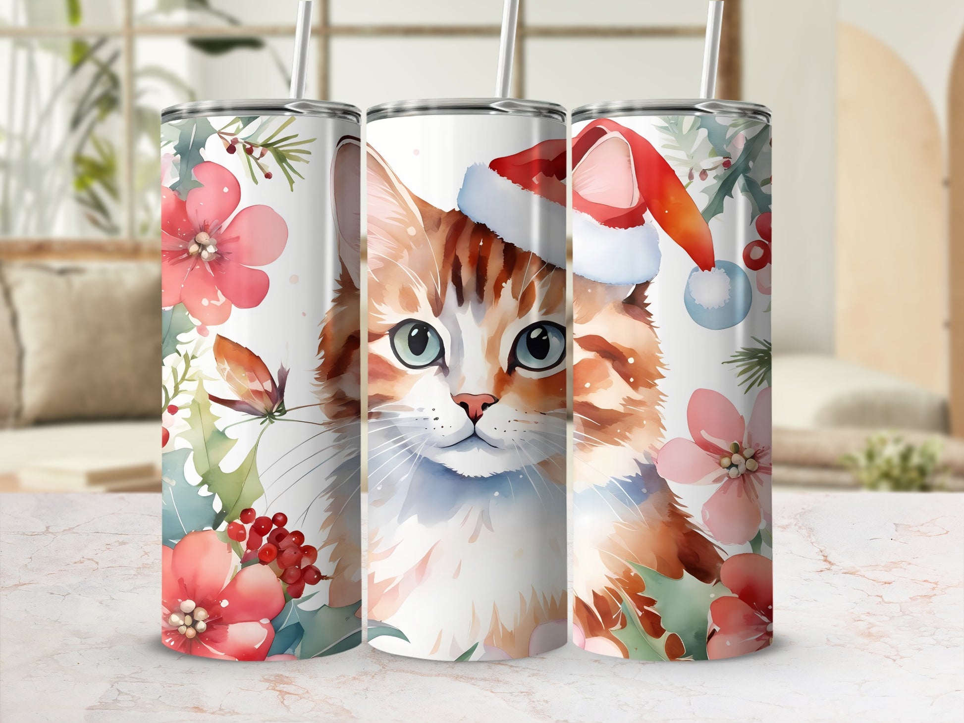 Orange tabby cat in Santa hat with floral accents on a tumbler.