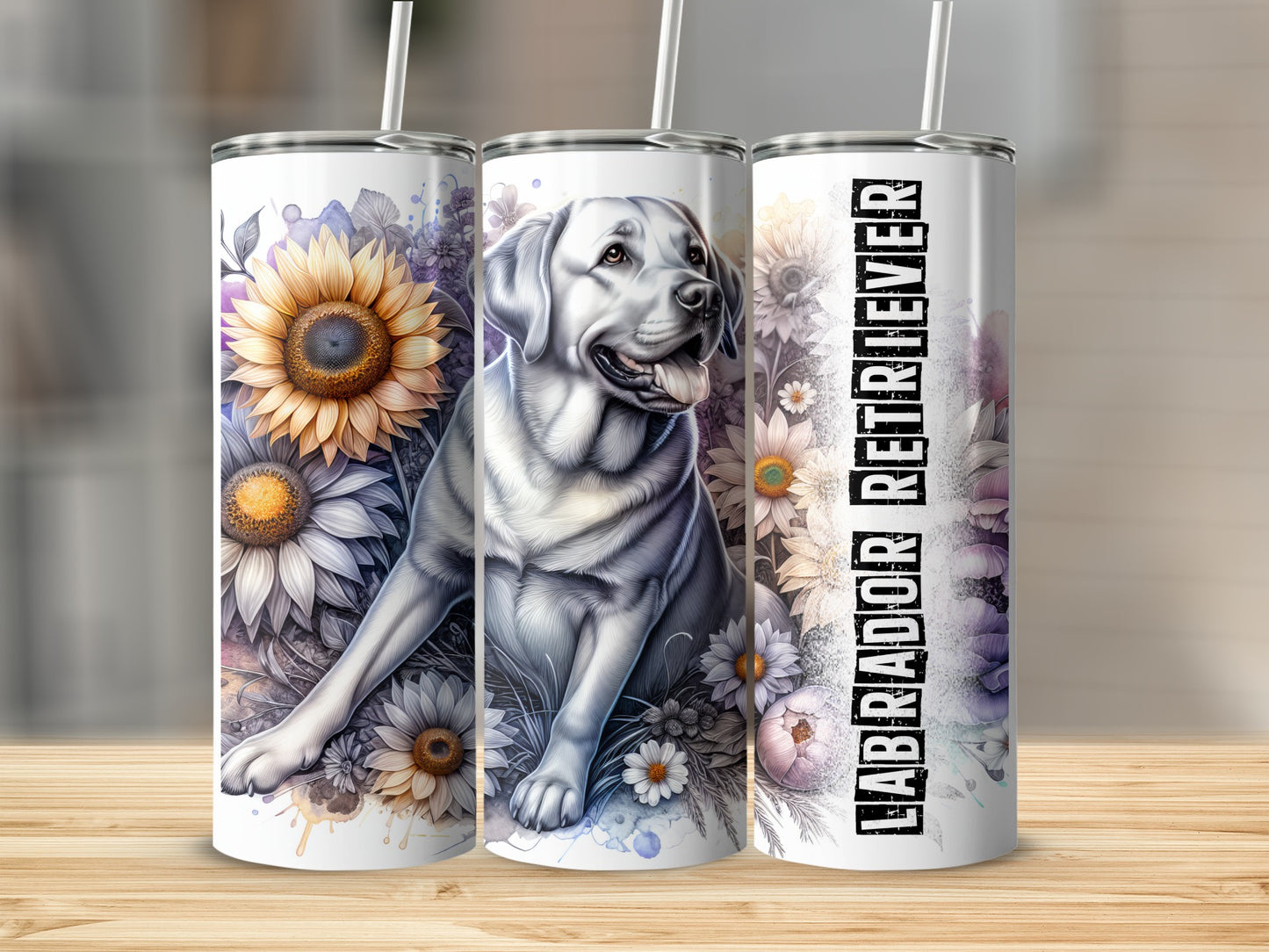 Labrador retriever with sunflowers and floral accents on a tumbler.