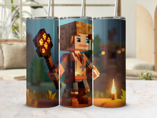 Pixelated Character with Torch Travel Mug