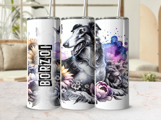 Three tumblers featuring a Borzoi dog amidst sunflowers and peonies with watercolor splashes.
