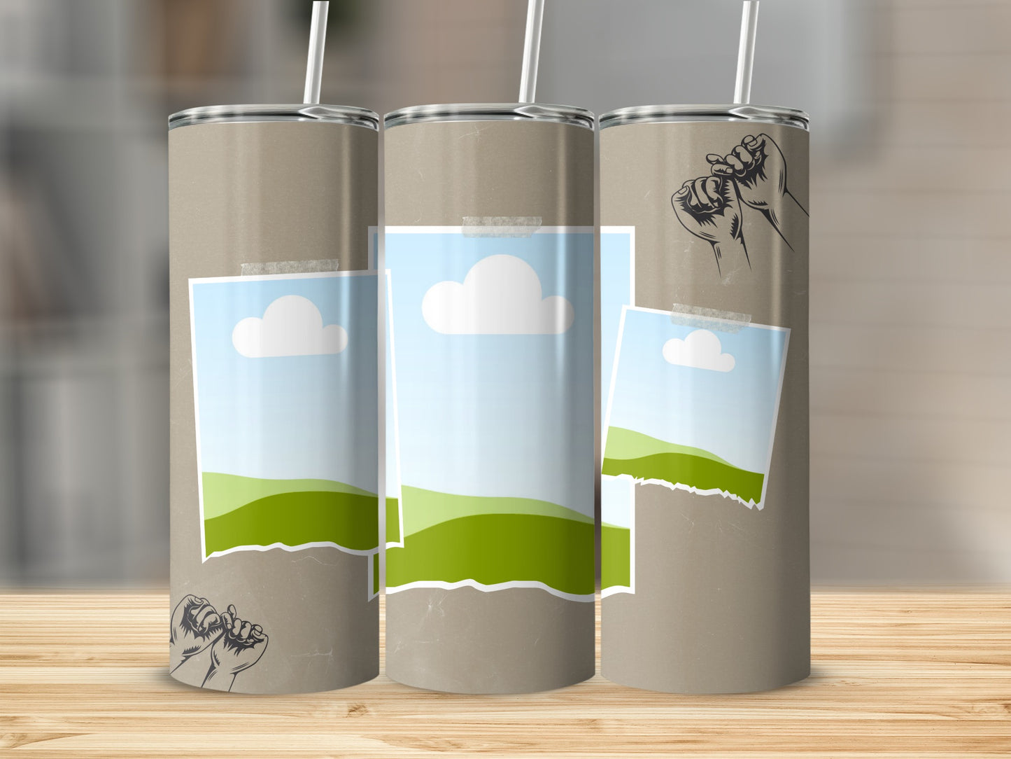 Three tumblers with sky, cloud, and landscape graphics and hand illustrations.