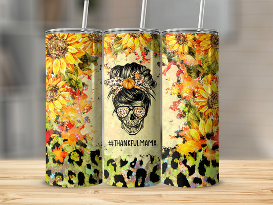 Three tumblers featuring sunflowers, leopard print, and #THANKFULMAMA text.