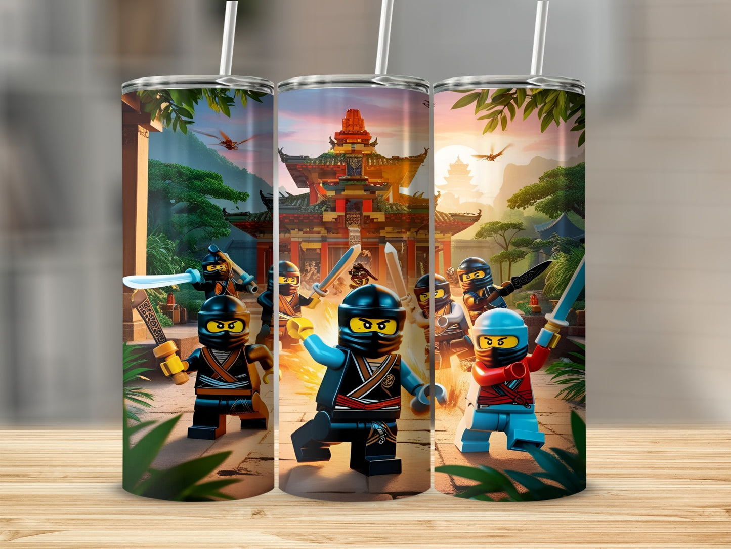Three Lego Ninjago characters in fighting poses in front of a temple.