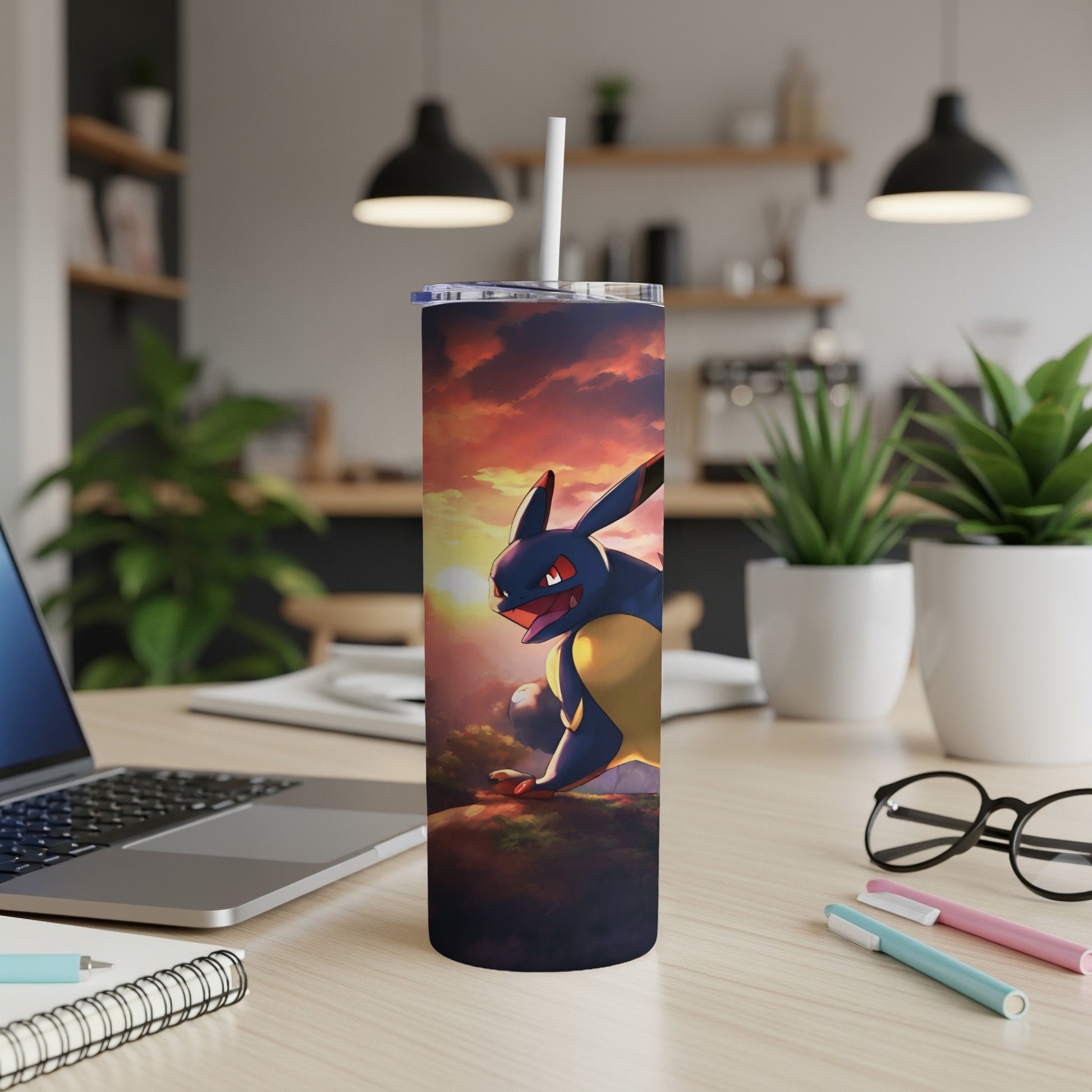 Sceptile Pokémon on a tumbler with a sunset background.