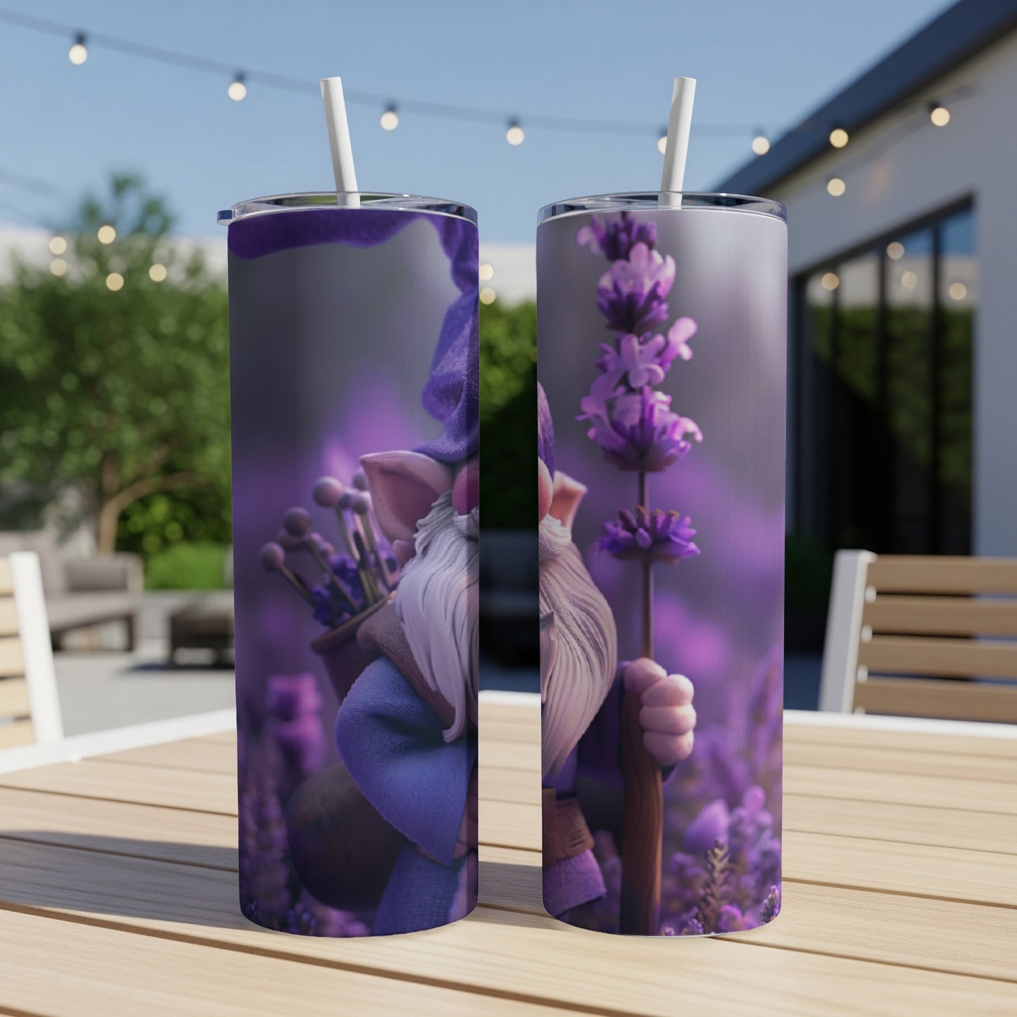Two tumblers with gnome and lavender design.