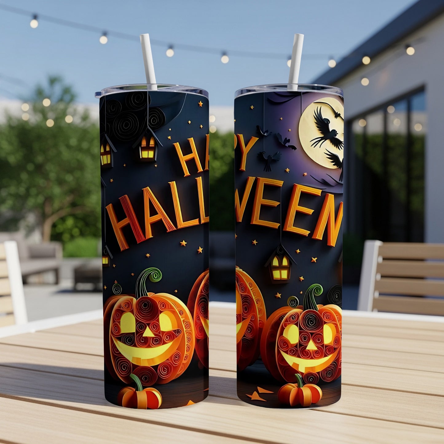 Two Halloween tumblers with pumpkins, bats, and "Happy Halloween" text.