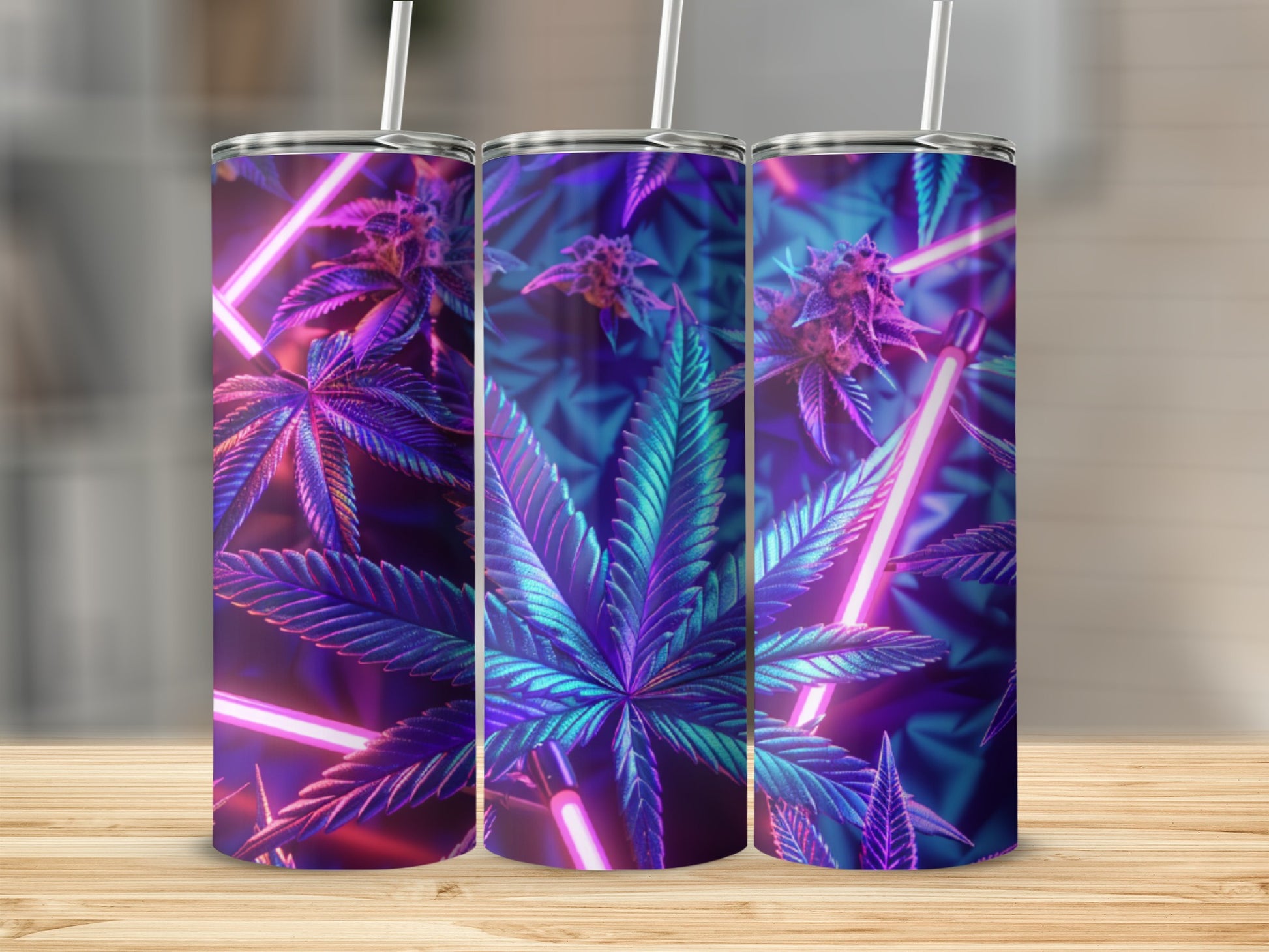 Three tumblers with cannabis leaf design and neon light accents.