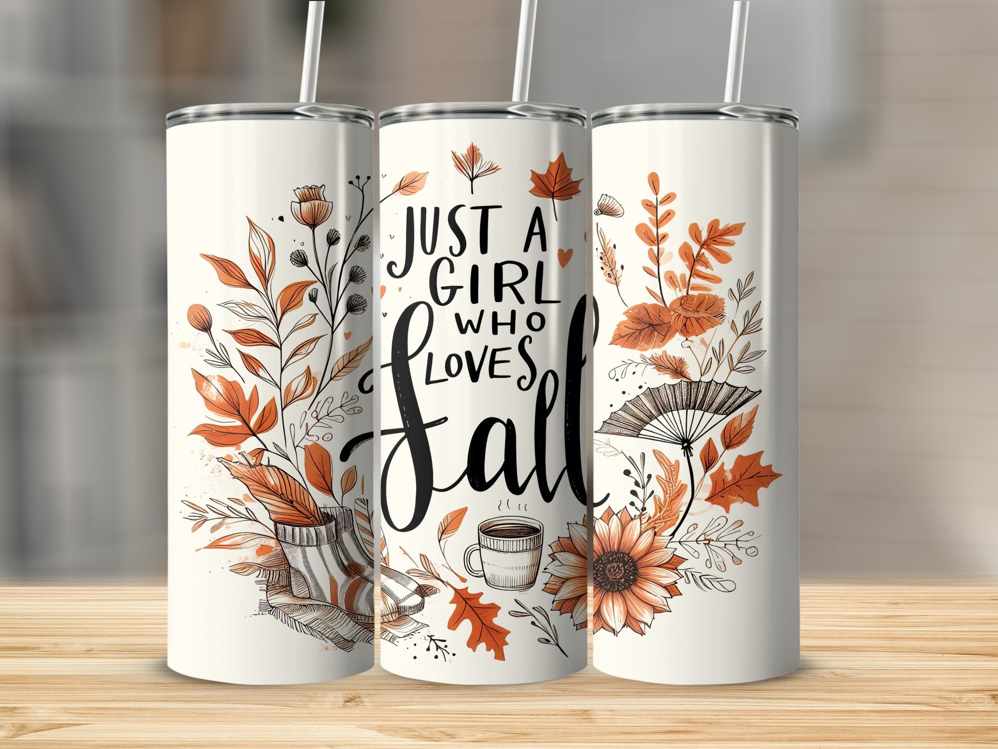 Three tumblers with a fall-themed design featuring leaves, flowers, and text.