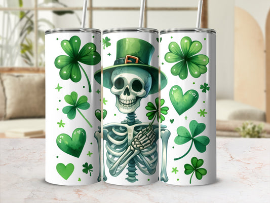 Skeleton wearing a green hat, surrounded by shamrocks and hearts.