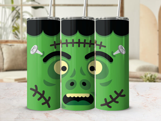 Three green Frankenstein tumblers with straws, featuring stitches and bolts.