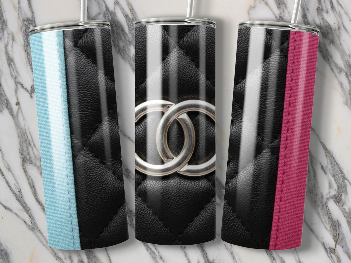 Black Quilted Design With Silver Logo and Colorful Borders Tumbler