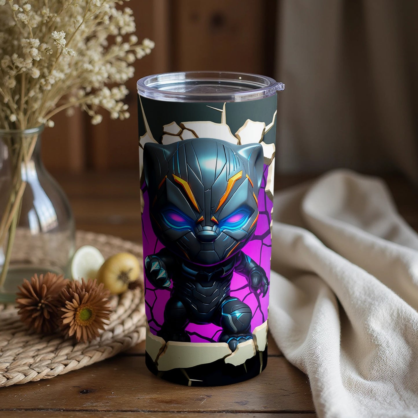Decorative tumbler with vivid and striking superhero art