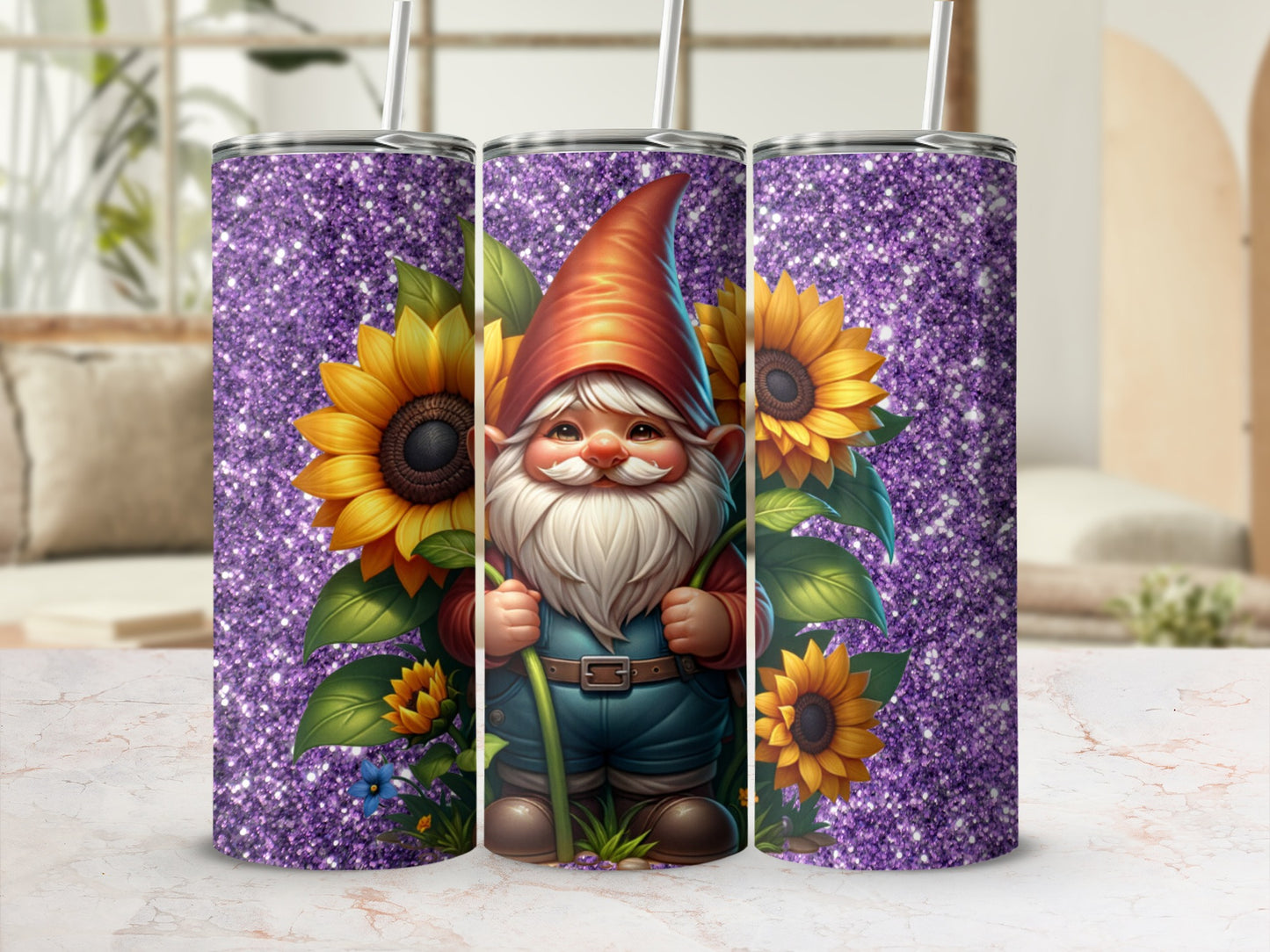 Glittery Purple Gnome and Sunflowers Tumbler Product