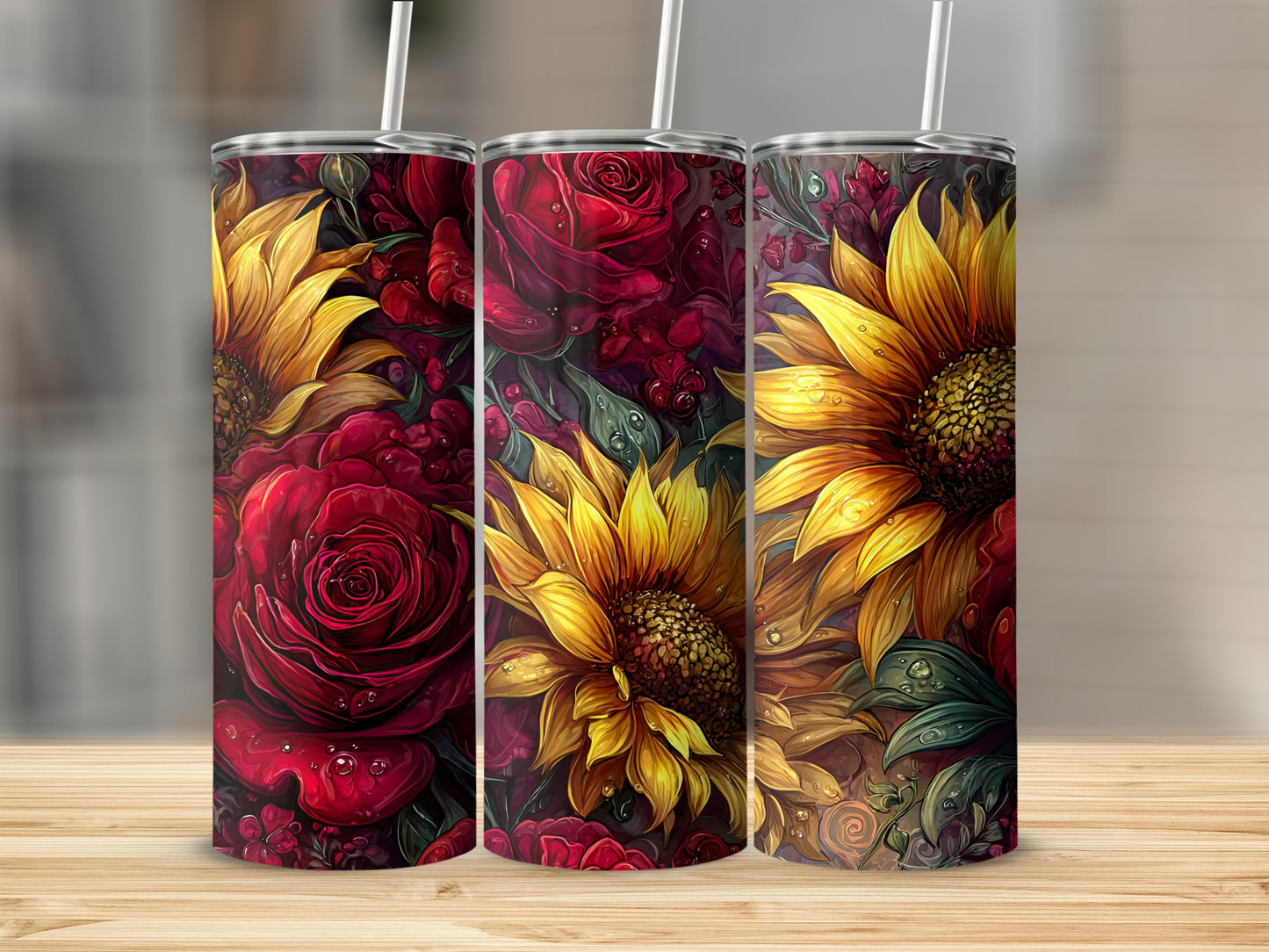 Vibrant Sunflower and Rose Design Insulated Tumbler