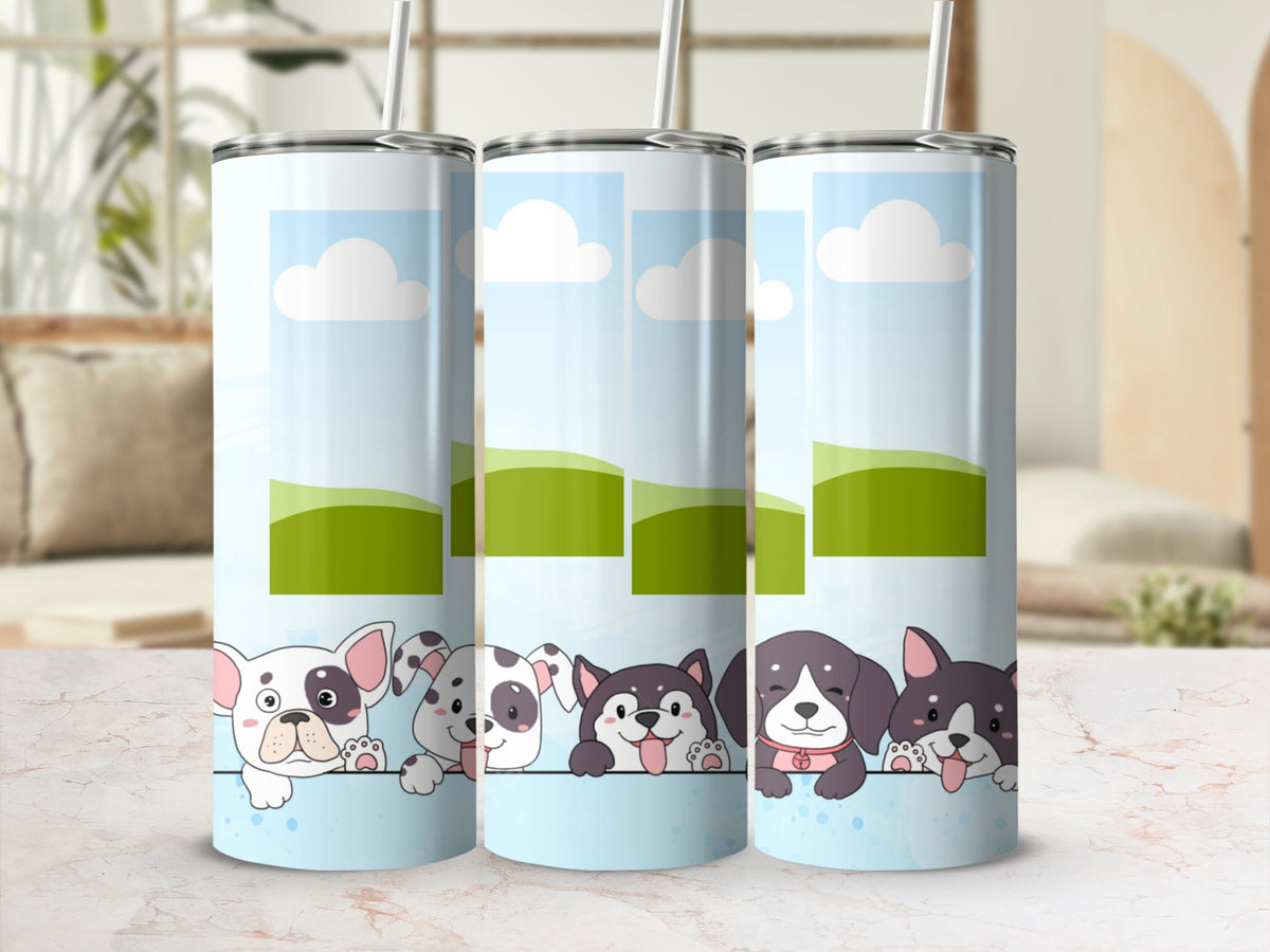 Three tumblers with cartoon dogs, rolling green hills, and blue sky background.