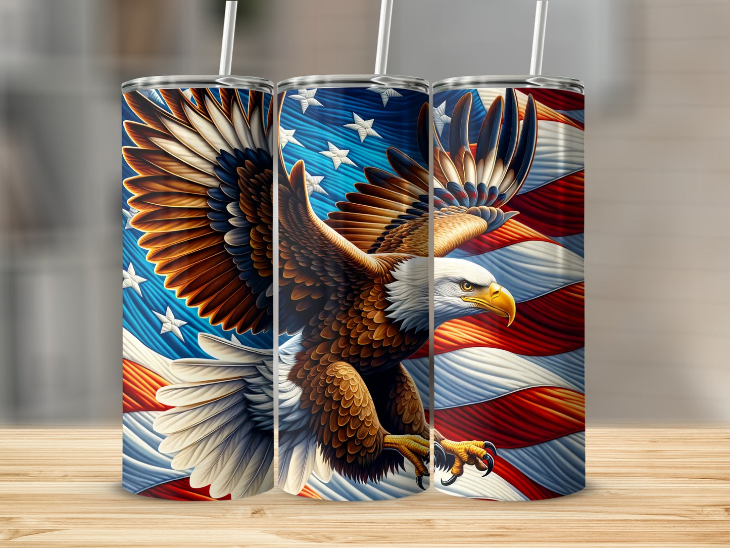 Bald eagle in flight against a backdrop of the American flag.