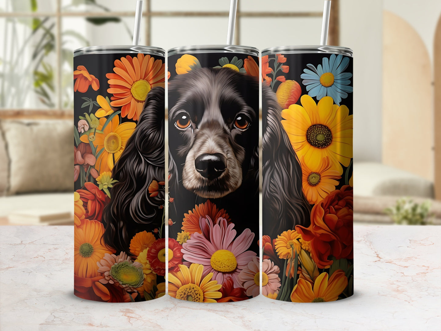 Black dog surrounded by vibrant colorful flowers on a tumbler.