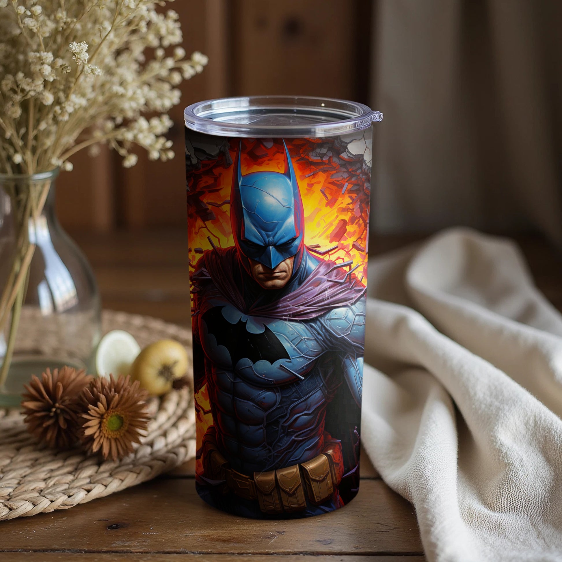 Batman Standing Against Flaming Backdrop Cup
