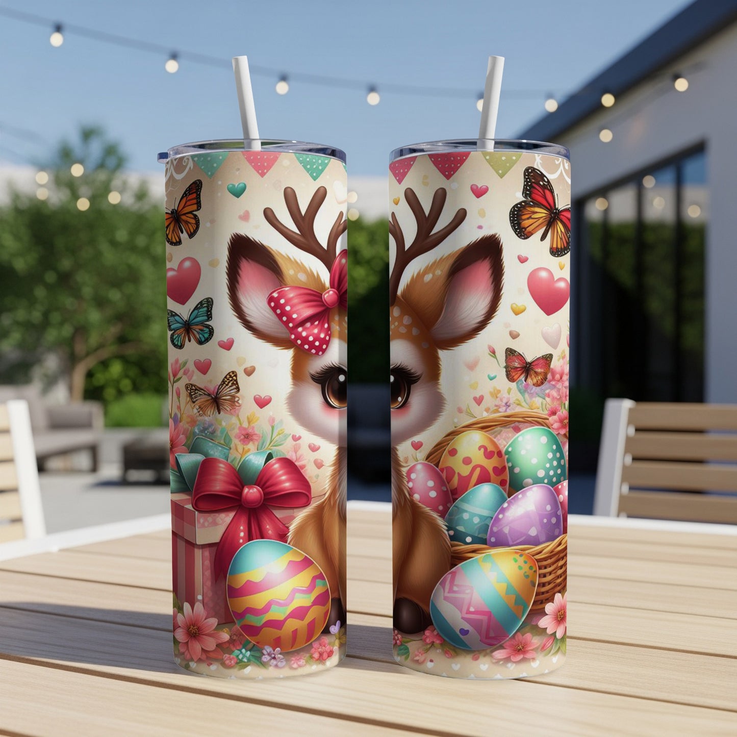 Two tumblers with Easter eggs, butterflies, and a fawn wearing a bow.
