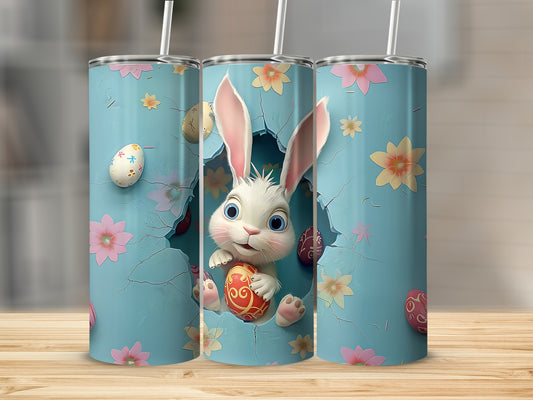 Easter bunny peeking from a cracked blue wall holding a decorated egg.
