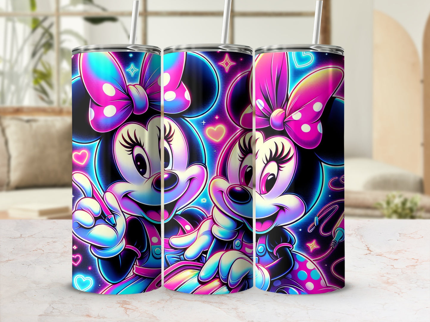 Neon Character Tumbler with Cute Bow and Heart Design